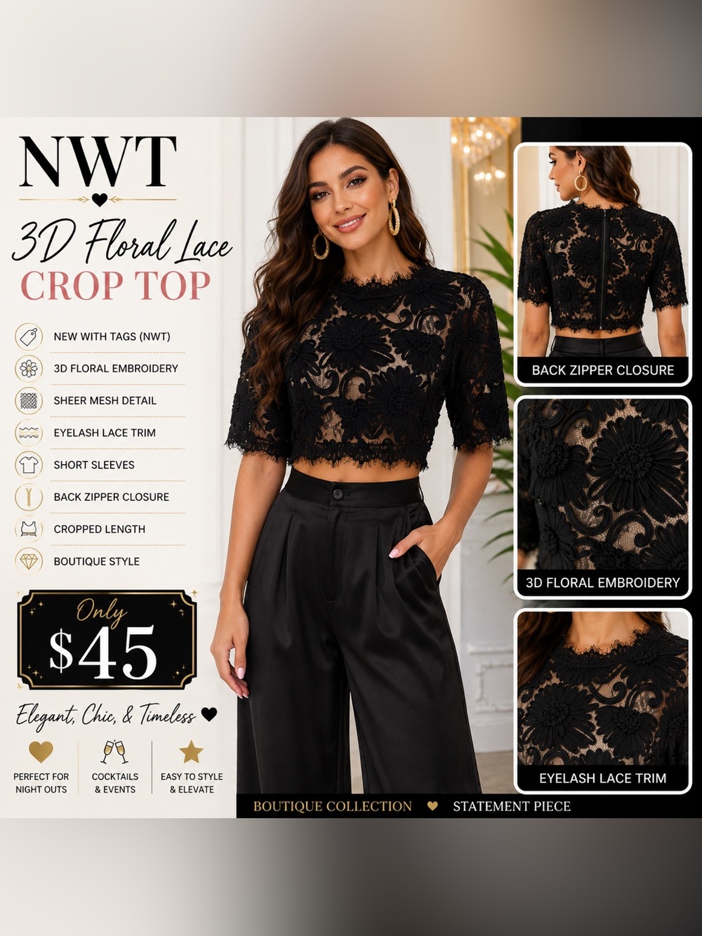 Black 3D Floral Lace Crop Top -